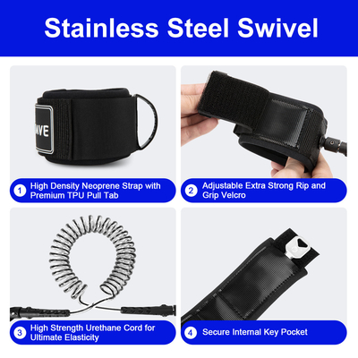 10' Coiled Leash Woowaves Schlüssel Tasche Design für Erwachsene Surfen Boarding Sicherheit